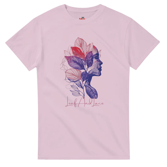 Pink t-shirt with a colorful leaf and face design on a white background