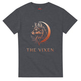 A Dark Heather The Vixen Moon Fox graphic T-shirt featuring a detailed celestial fox portrait, crescent moon, stars and botanical artwork.