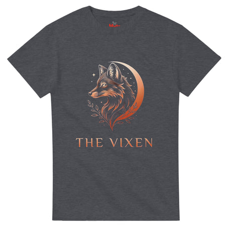 A Dark Heather The Vixen Moon Fox graphic T-shirt featuring a detailed celestial fox portrait, crescent moon, stars and botanical artwork.