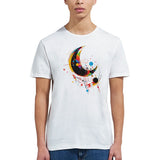 A white crew-neck t-shirt with a geometric space-inspired print featuring vivid colors and abstract designs.