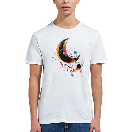 A white crew-neck t-shirt with a geometric space-inspired print featuring vivid colors and abstract designs.