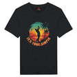 Black  Vintage style t-shirt with a graphic of a golfer and palm trees at sunset, with text 'It's That Simple', on a white background.