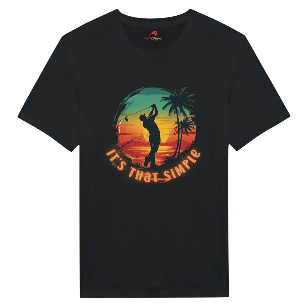 Black  Vintage style t-shirt with a graphic of a golfer and palm trees at sunset, with text 'It's That Simple', on a white background.