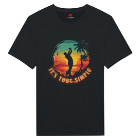 Black  Vintage style t-shirt with a graphic of a golfer and palm trees at sunset, with text 'It's That Simple', on a white background.