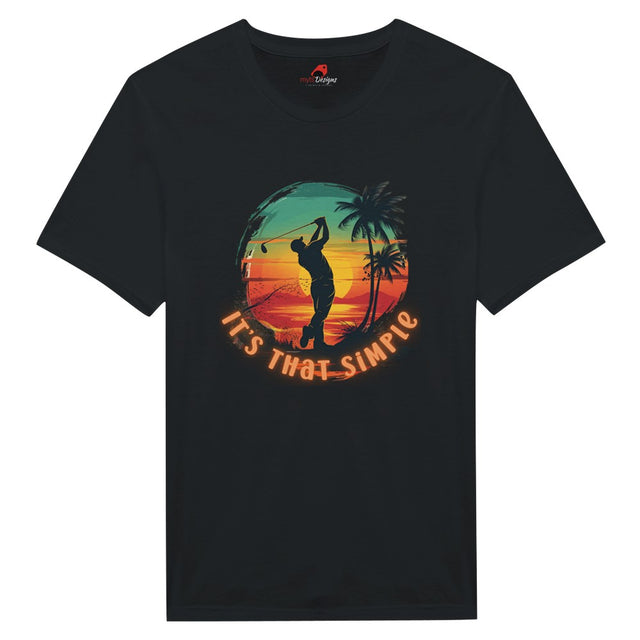 Black  Vintage style t-shirt with a graphic of a golfer and palm trees at sunset, with text 'It's That Simple', on a white background.