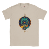 Beige t-shirt with a colorful celestial design on a white background