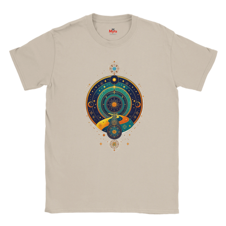 Beige t-shirt with a colorful celestial design on a white background
