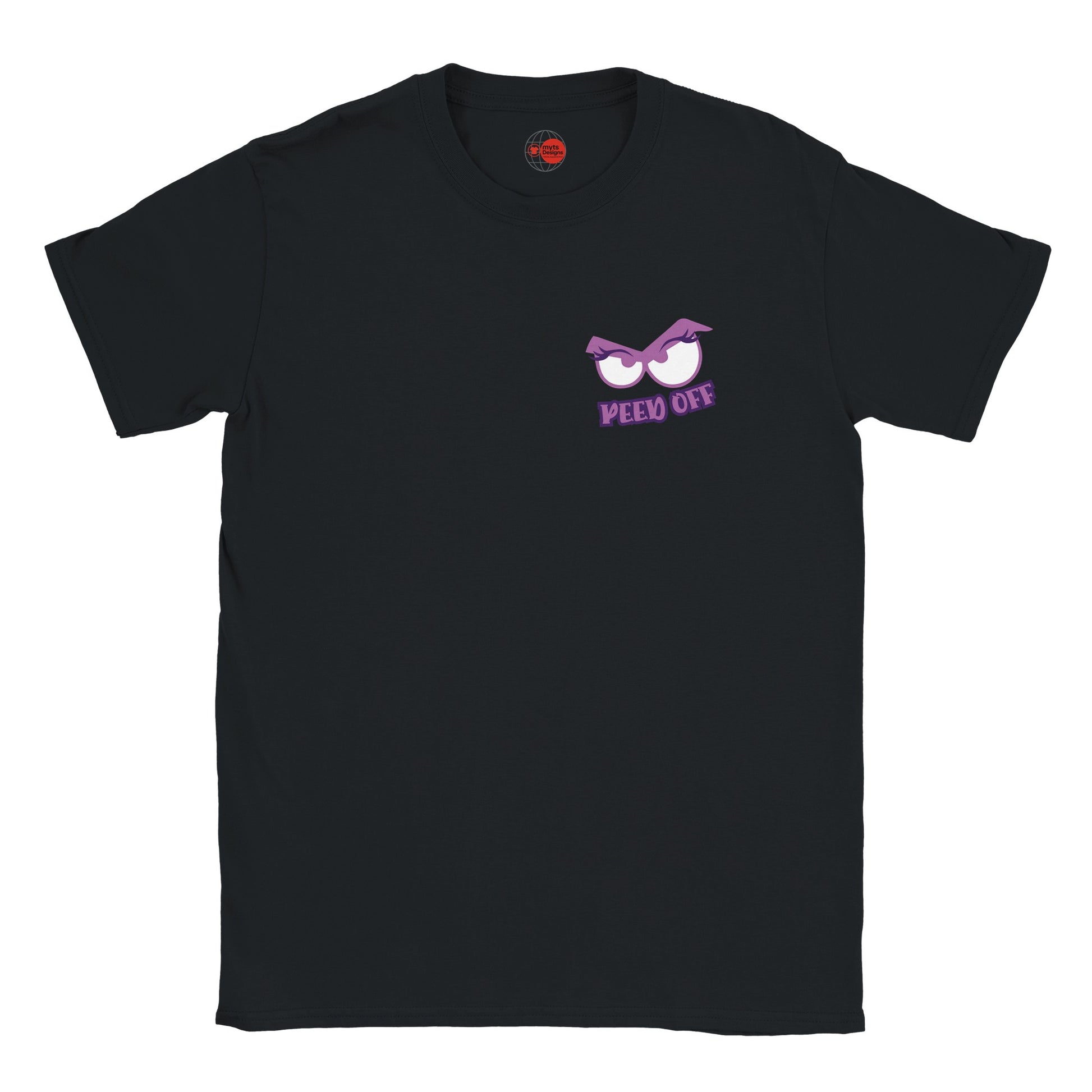 Black t-shirt with purple sunglasses graphic and text on a white background