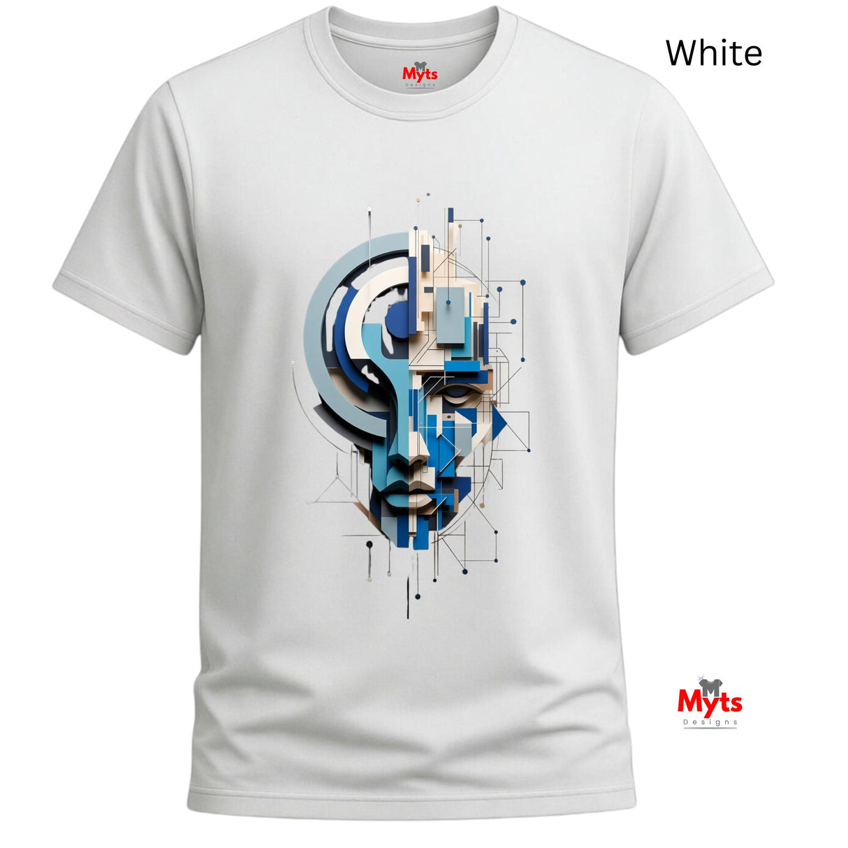 A white short-sleeve crewneck t-shirt featuring a central graphic print of a stylized face composed of blue, gray, and black geometric shapes. The text 'White' is displayed in the top right corner, and the 'Myts' brand logo is visible on the bottom right.