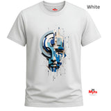 A white short-sleeve crewneck t-shirt featuring a central graphic print of a stylized face composed of blue, gray, and black geometric shapes. The text 'White' is displayed in the top right corner, and the 'Myts' brand logo is visible on the bottom right.