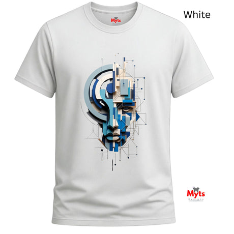 A white short-sleeve crewneck t-shirt featuring a central graphic print of a stylized face composed of blue, gray, and black geometric shapes. The text 'White' is displayed in the top right corner, and the 'Myts' brand logo is visible on the bottom right.