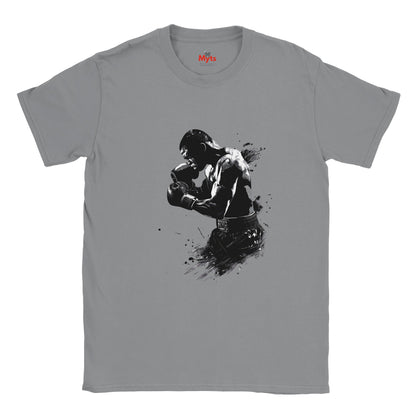 Gray t-shirt with a black and white graphic of a boxer on a white background
