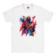 “White T-shirt with ‘The Mess’ geometric abstract design in vibrant multi-colored shapes on soft cotton, unisex tubular fit with MytsDesigns branding.”