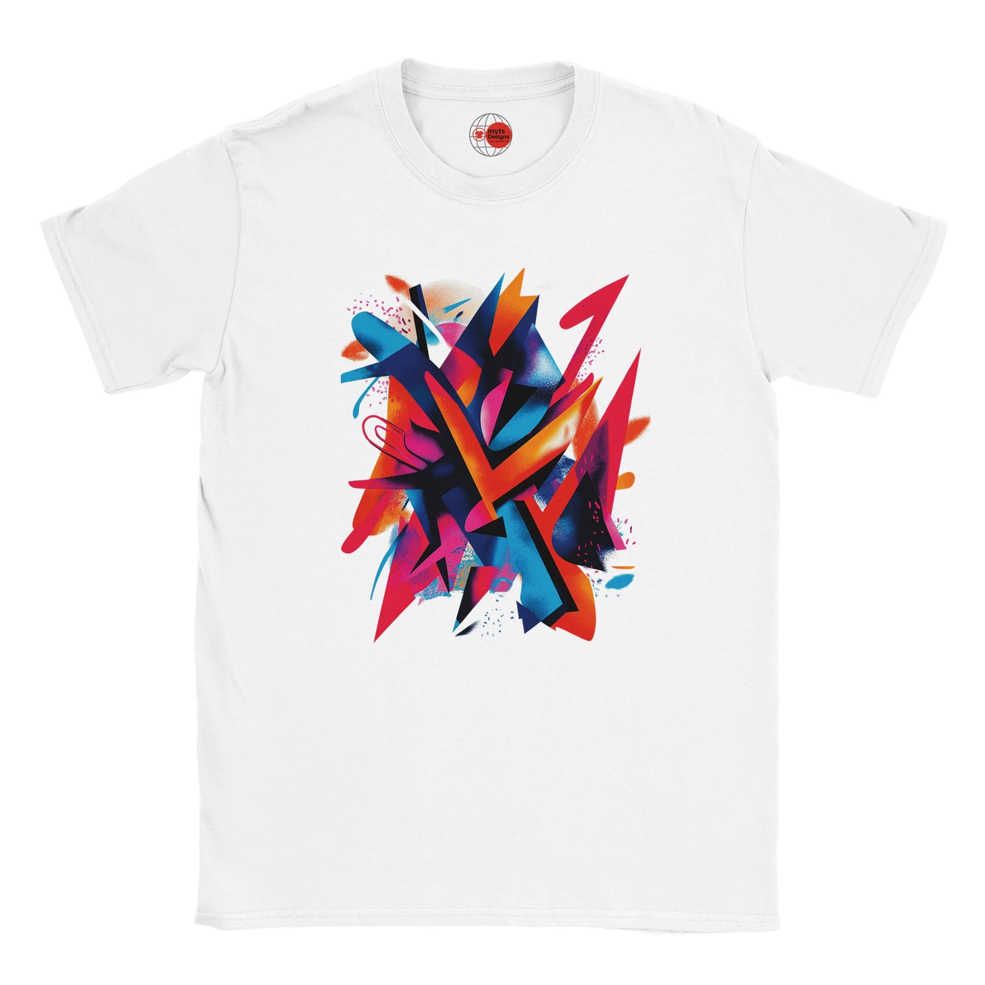 “White T-shirt with ‘The Mess’ geometric abstract design in vibrant multi-colored shapes on soft cotton, unisex tubular fit with MytsDesigns branding.”