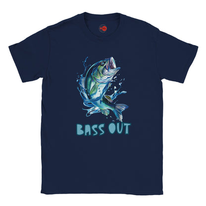 Navy blue t-shirt with a bass graphic and 'BASS OUT' text on a white background