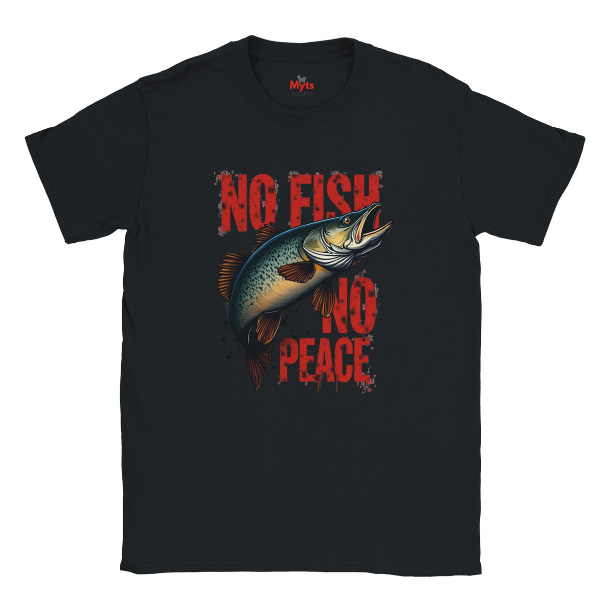 Black t-shirt with a fish graphic and 'No Fish No Peace' text on a white background