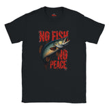 Black t-shirt with a fish graphic and 'No Fish No Peace' text on a white background