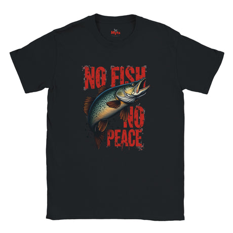 Black t-shirt with a fish graphic and 'No Fish No Peace' text on a white background