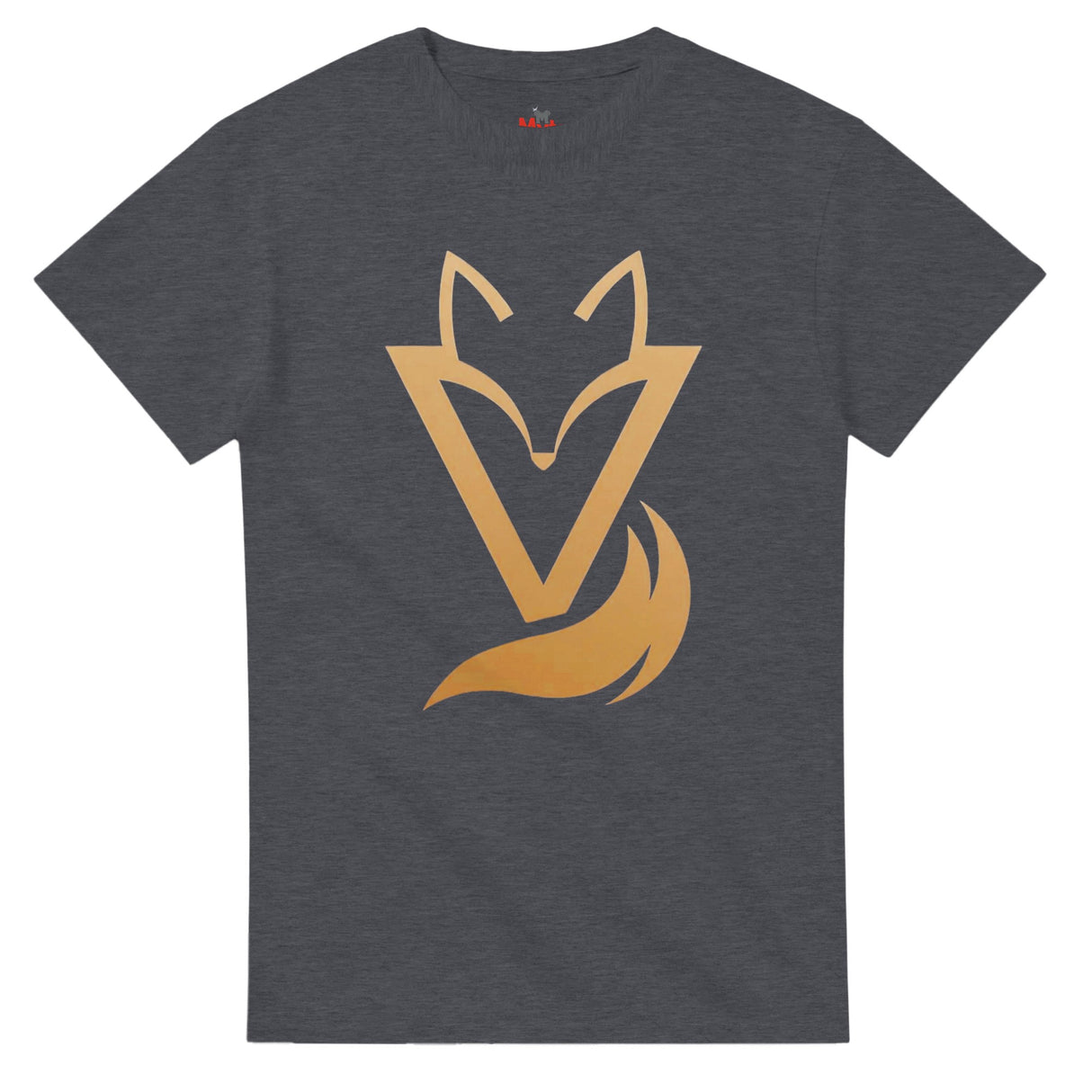 Dark Heather T-shirt with a gold Fox & Tail V Logo minimalist design 