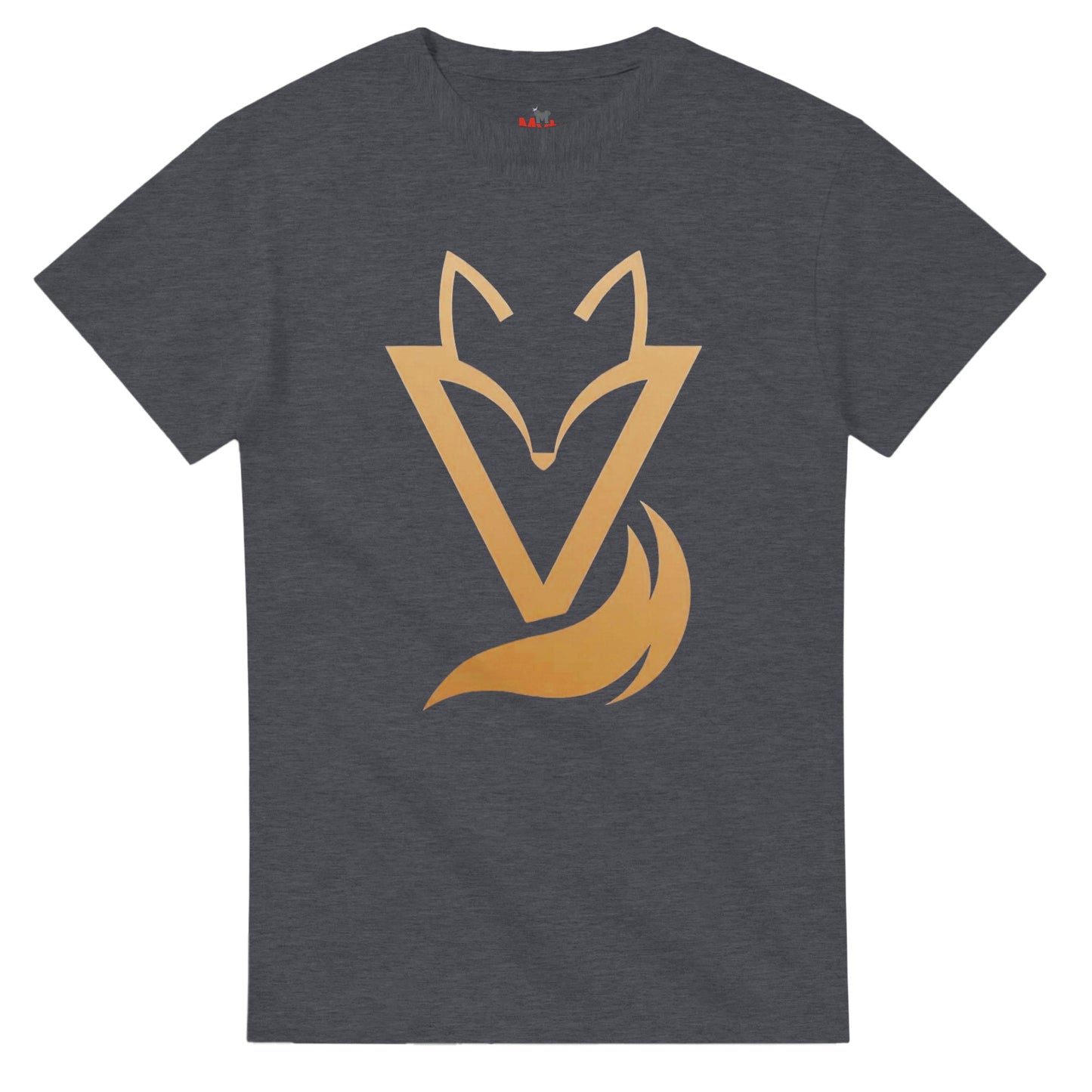 Dark Heather T-shirt with a gold Fox & Tail V Logo minimalist design 