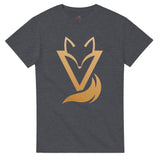 Dark Heather T-shirt with a gold Fox & Tail V Logo minimalist design 