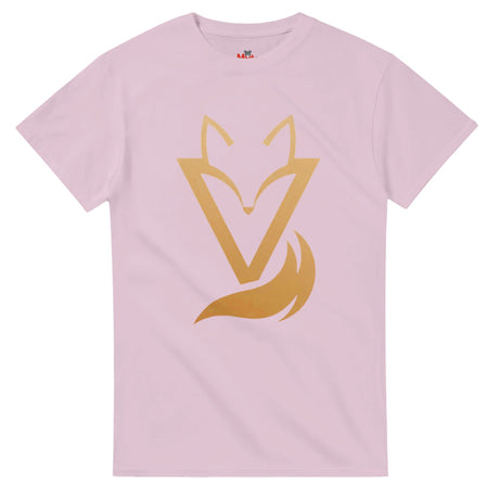 Pink T-shirt with a gold Fox & Tail V Logo minimalist design 