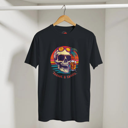 Black t-shirt with colorful skull design on a hanger against a white wall