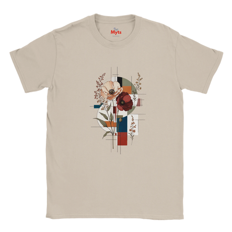 A beige crewneck t-shirt with a central graphic print featuring stylized flowers and geometric shapes in red, blue, orange, and green, displayed on a clean white background.