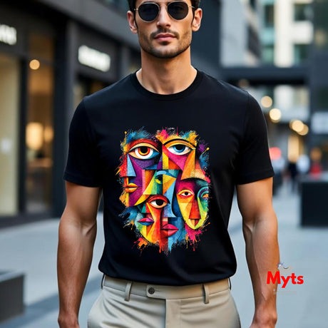 A man wearing a black short-sleeve t-shirt with a colorful abstract face graphic on the front, paired with beige trousers and sunglasses, standing in an outdoor urban setting.