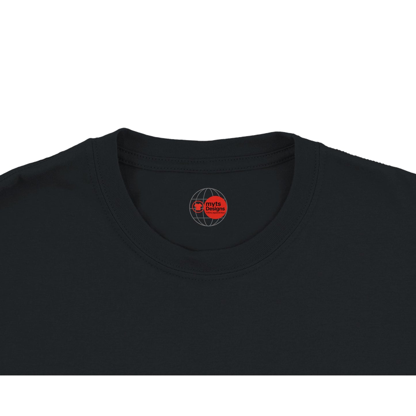 Black t-shirt with a red and white logo on the collar against a white background