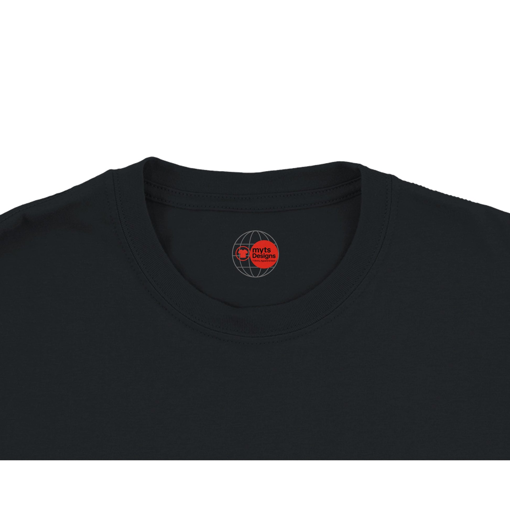 Black t-shirt with a red and white logo on the collar against a white background