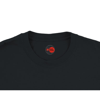 Black t-shirt with a red and white logo on the collar against a white background