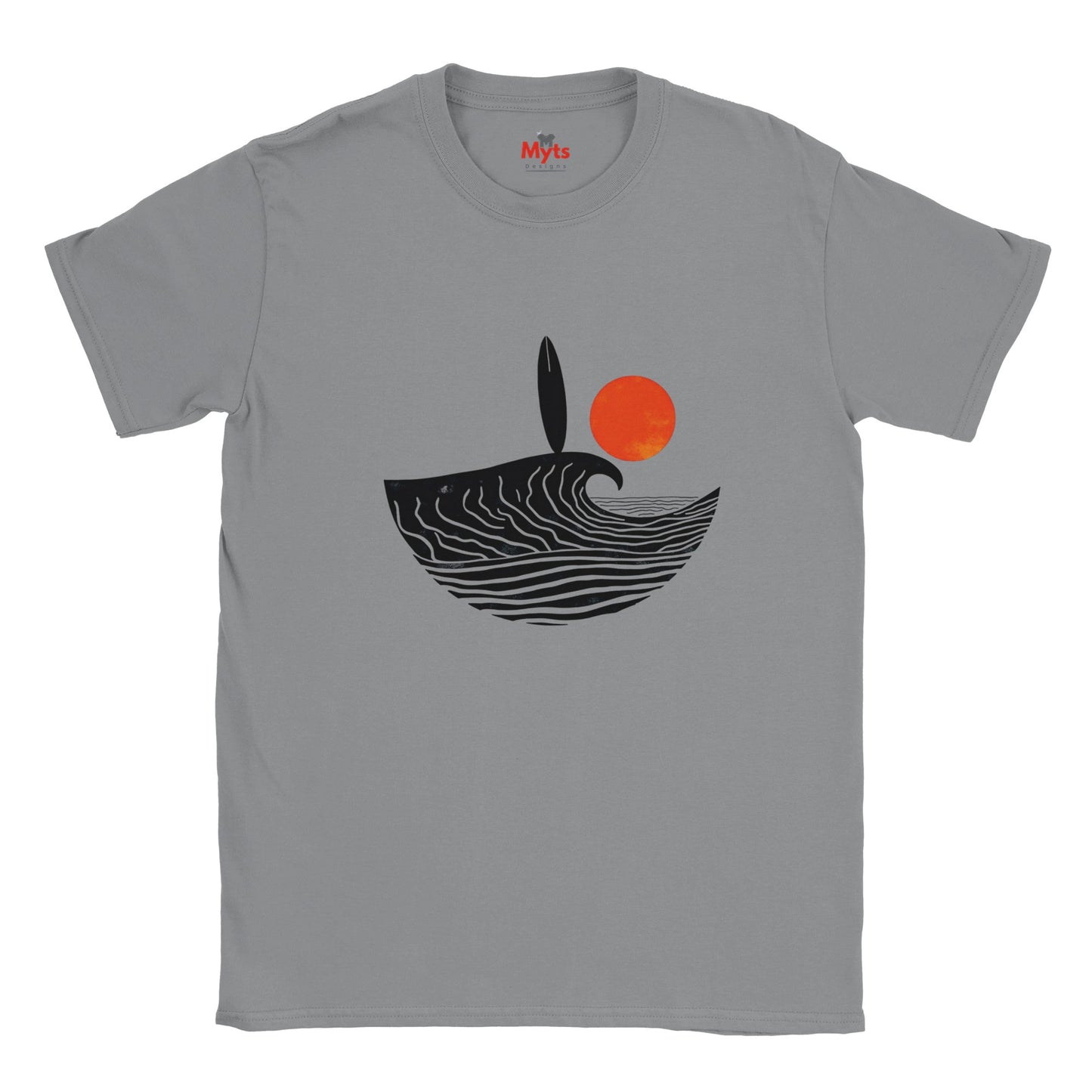 Gray t-shirt with a wave and sun design on a white background