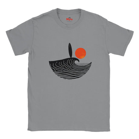 Gray t-shirt with a wave and sun design on a white background