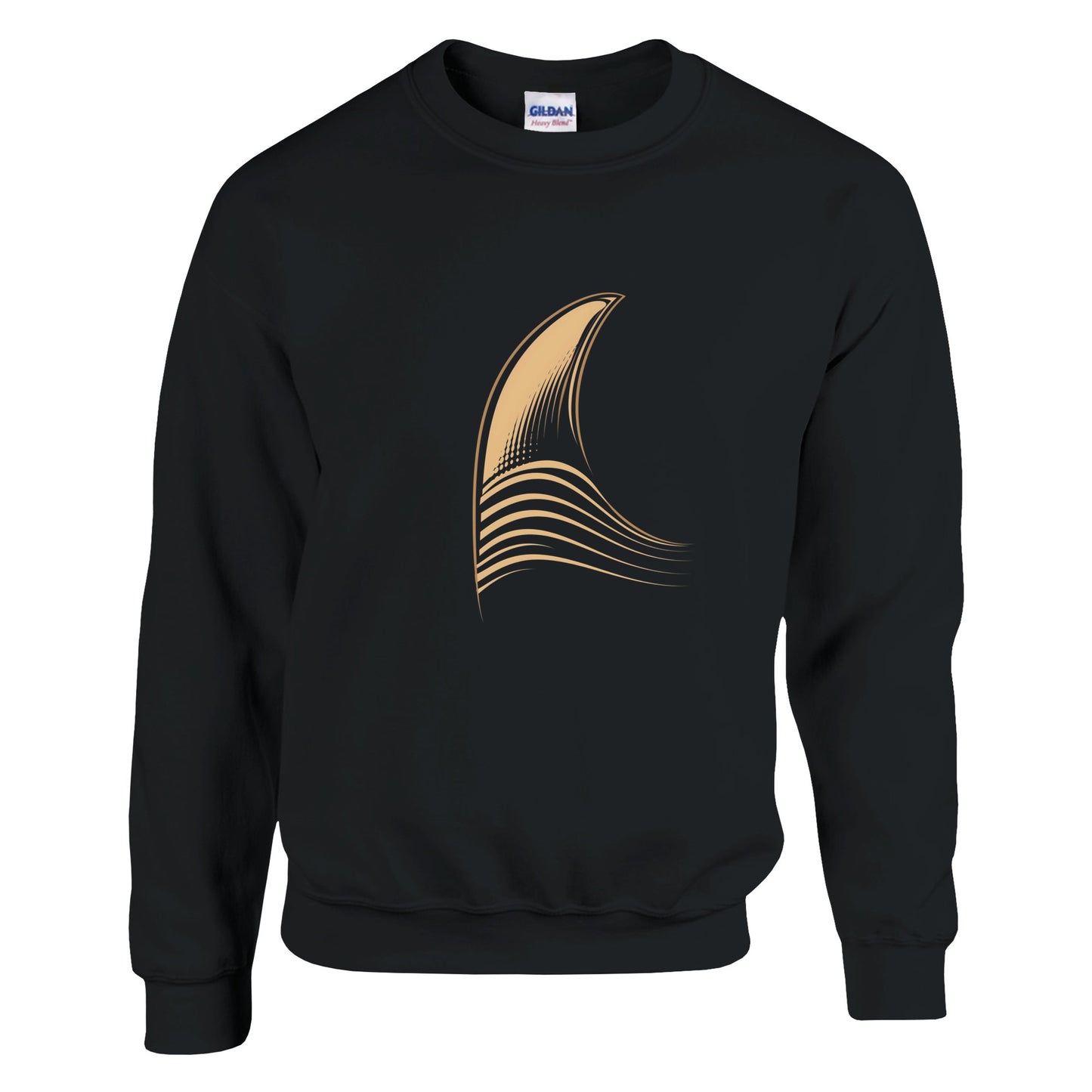 Black sweatshirt with a gold abstract design on a white background