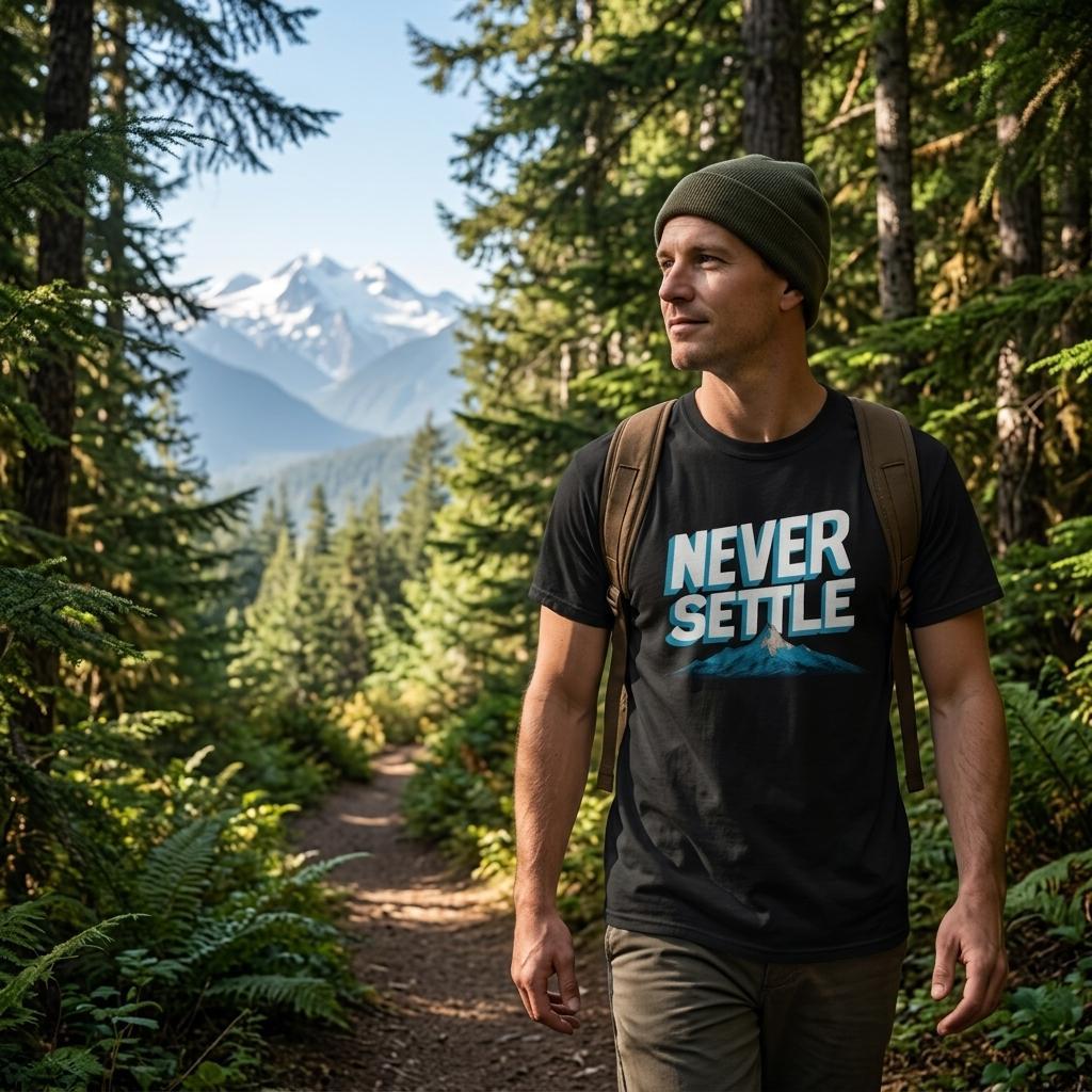 Man hiking in a forest with 'Never Settle' t-shirt and backpack, mountain in the background