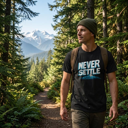 Man hiking in a forest with 'Never Settle' t-shirt and backpack, mountain in the background