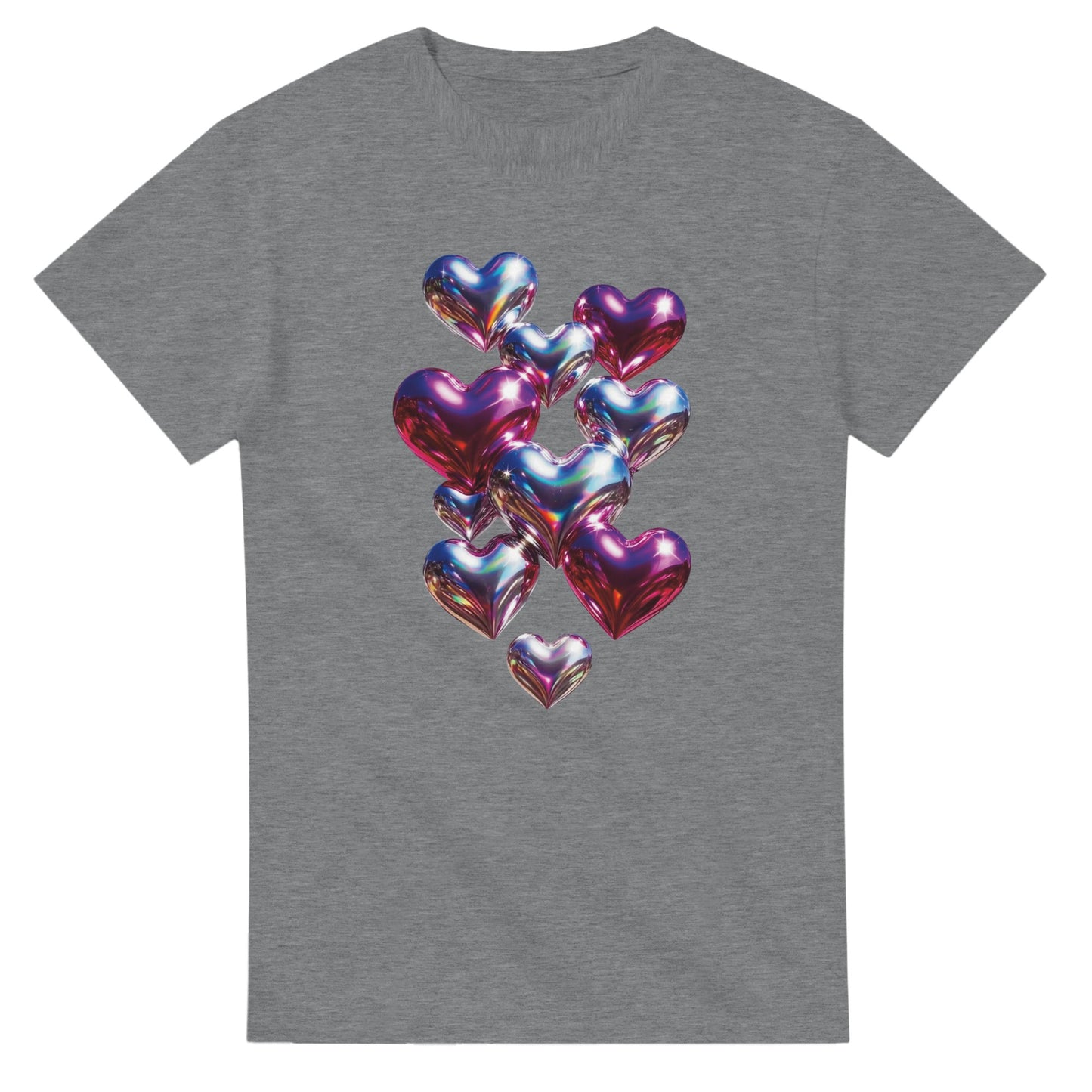 Gray t-shirt with colorful heart-shaped balloons design on a white background