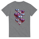 Gray t-shirt with colorful heart-shaped balloons design on a white background