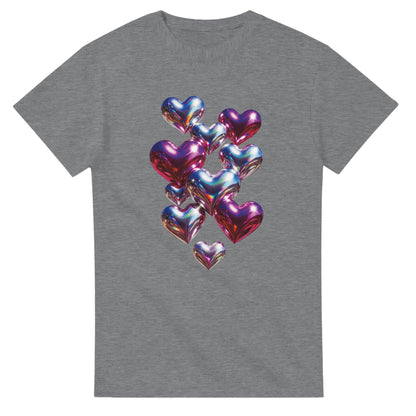 Gray t-shirt with colorful heart-shaped balloons design on a white background