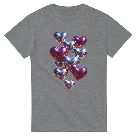 Gray t-shirt with colorful heart-shaped balloons design on a white background