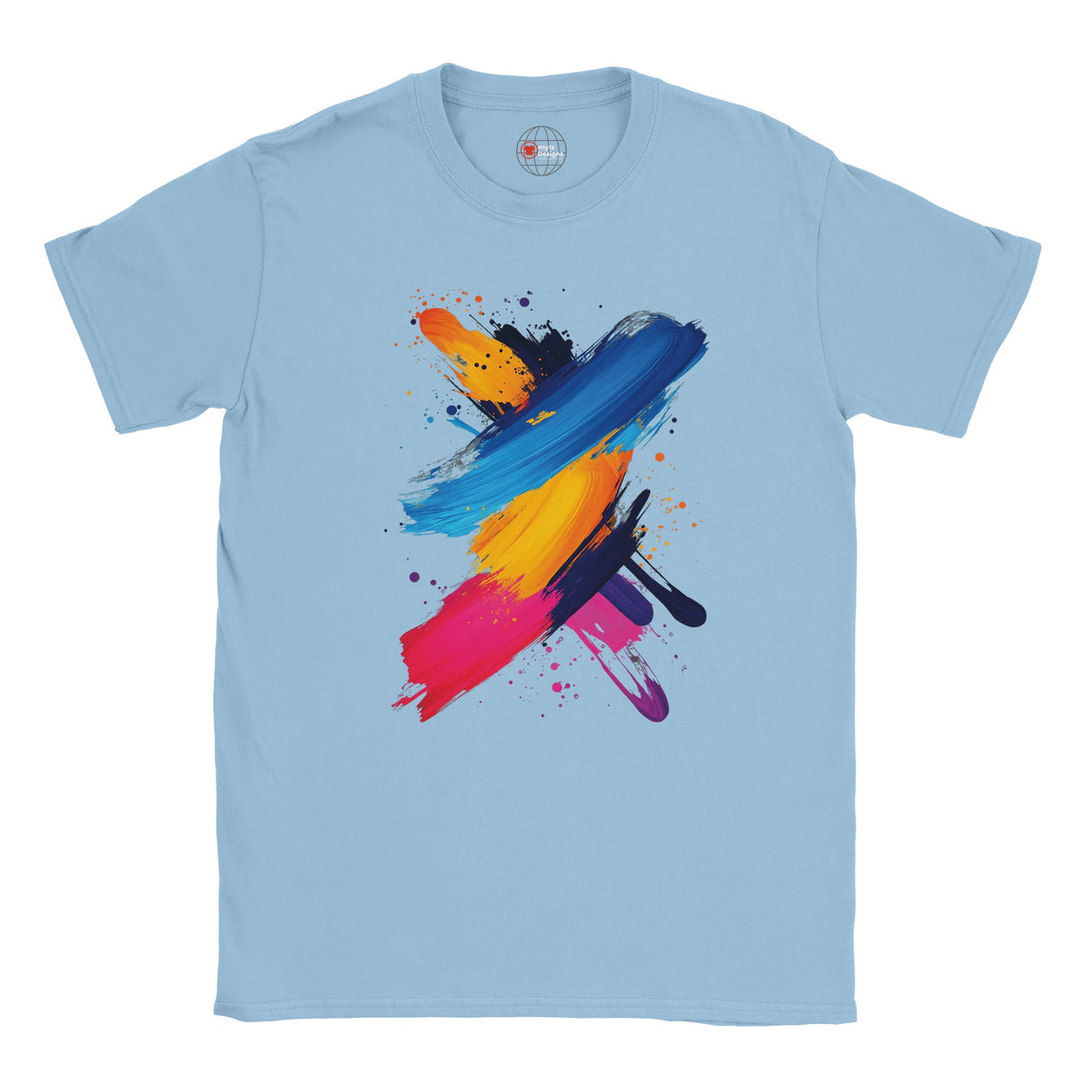 Light blue t-shirt with colorful abstract design on a white background