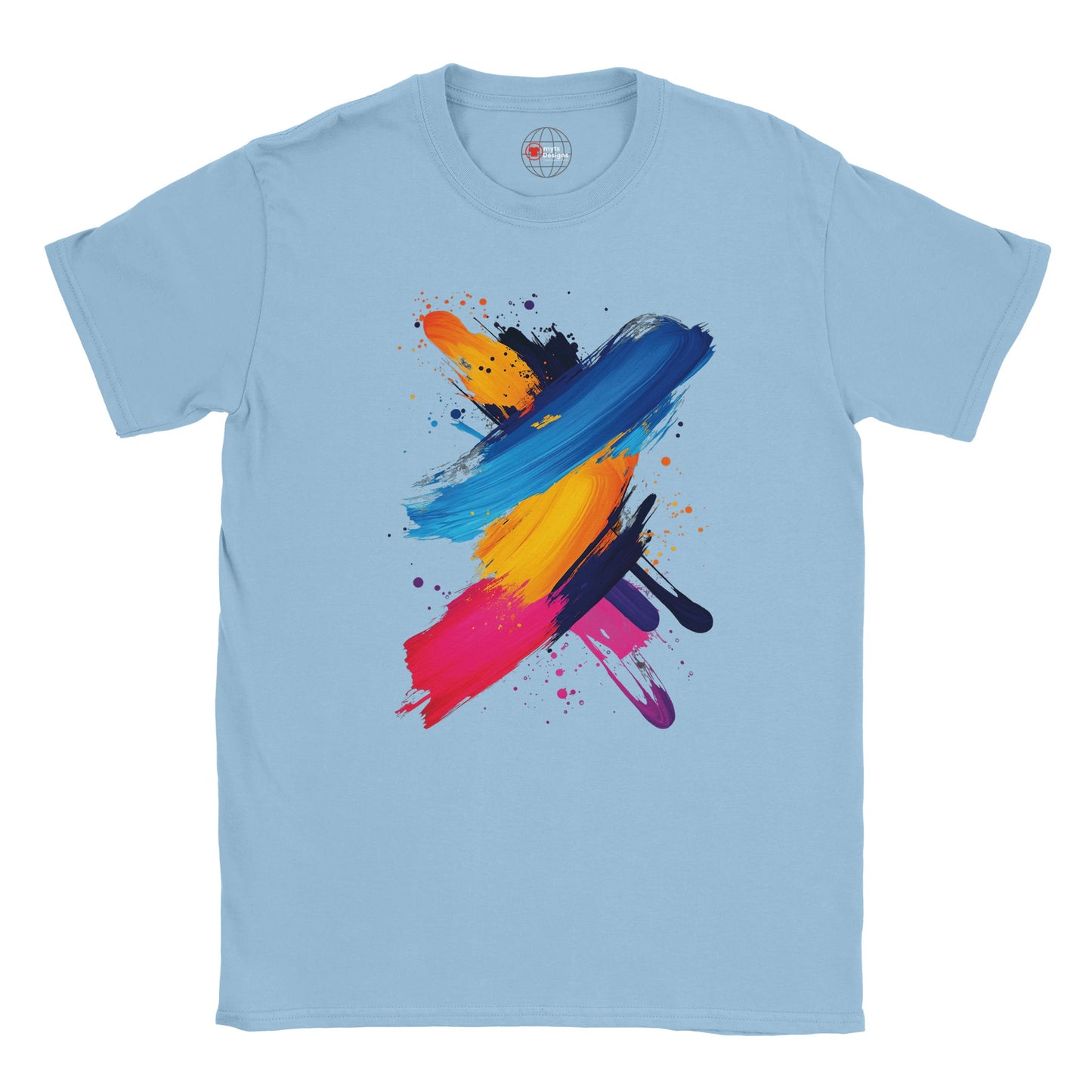 Light blue t-shirt with colorful abstract design on a white background