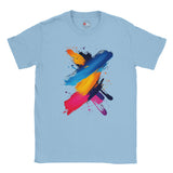Light blue t-shirt with colorful abstract design on a white background