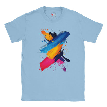Light blue t-shirt with colorful abstract design on a white background