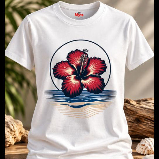 White tropical hibiscus flower graphic T-shirt featuring a vibrant red bloom, navy circular outline and stylised blue and sandy-gold ocean waves.