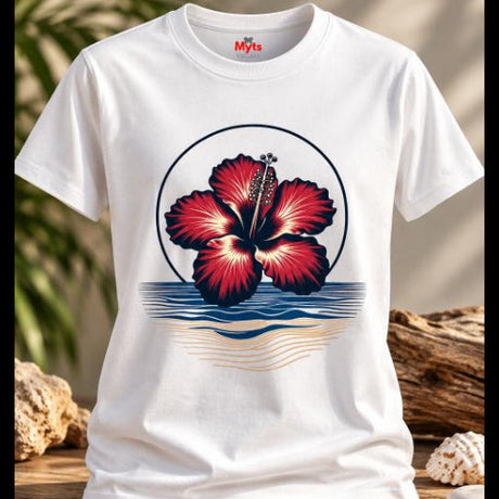 White tropical hibiscus flower graphic T-shirt featuring a vibrant red bloom, navy circular outline and stylised blue and sandy-gold ocean waves.