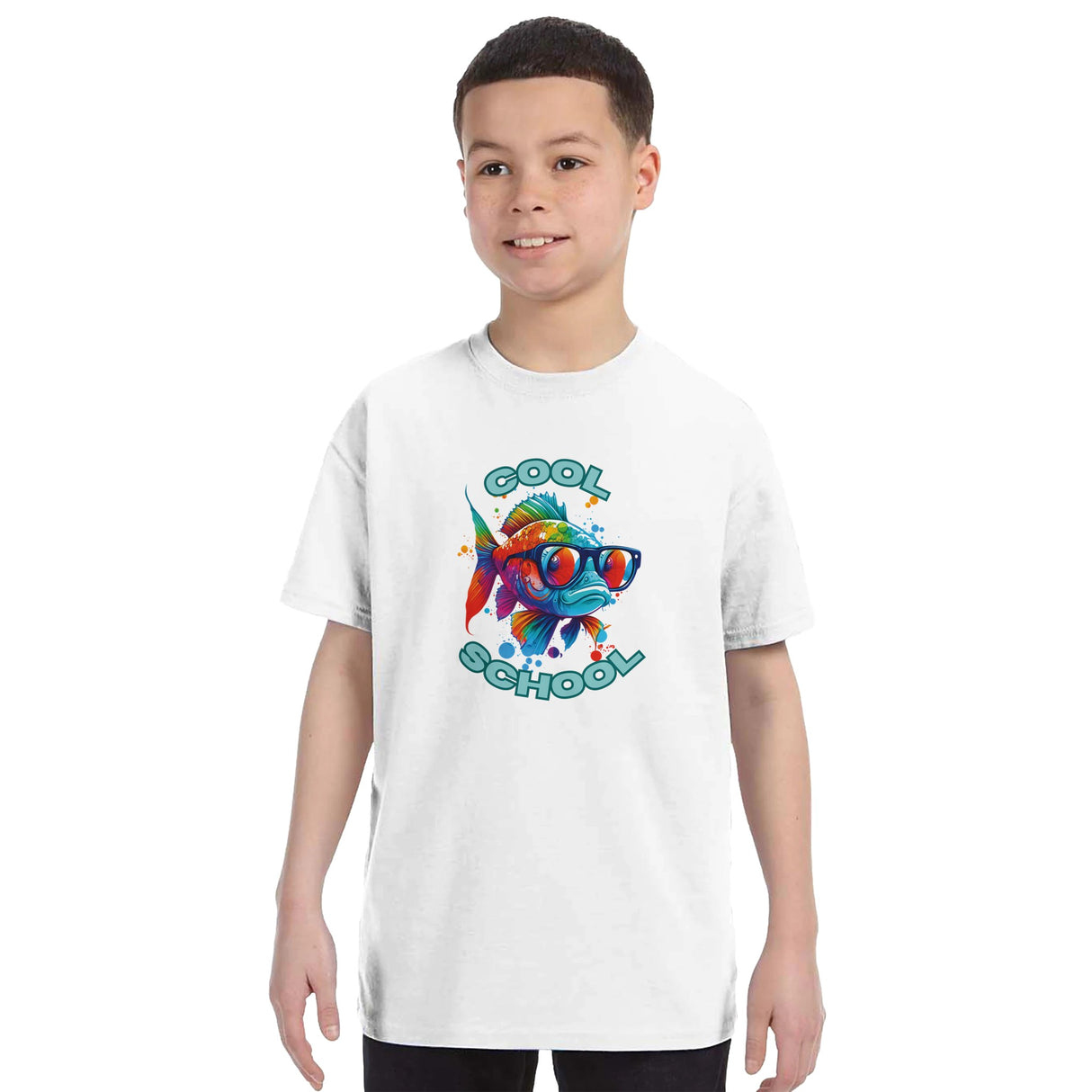"Kids wearing colourful fish t-shirt - comfortable fit for school and play"