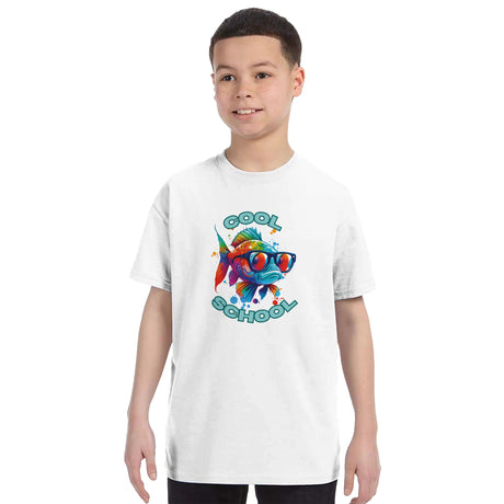"Kids wearing colourful fish t-shirt - comfortable fit for school and play"