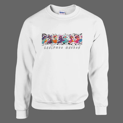 White sweatshirt with colorful butterfly design and text on a grey background